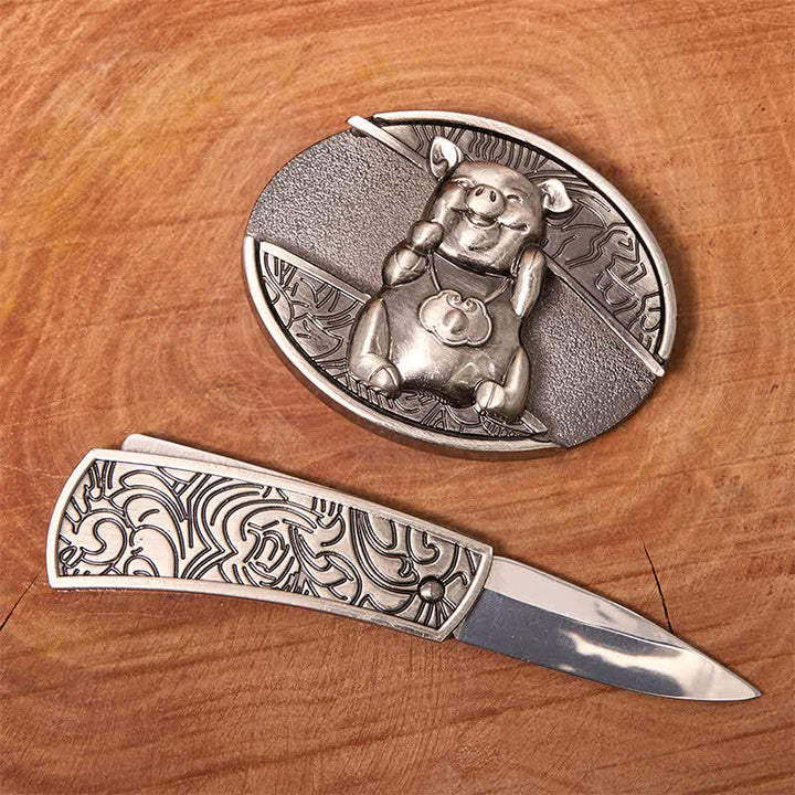 Ceinture en cuir pour homme avec couteau pliant caché en forme de cochon
