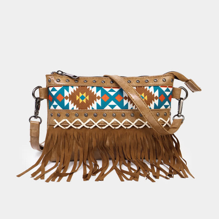 Sac bandoulière à franges aztèque bleu à motif western pour femme