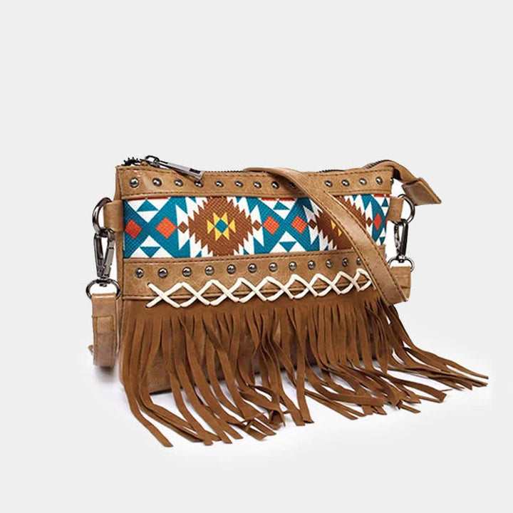 Sac bandoulière à franges aztèque bleu à motif western pour femme
