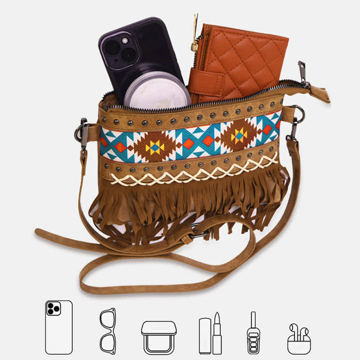 Sac bandoulière à franges aztèque bleu à motif western pour femme