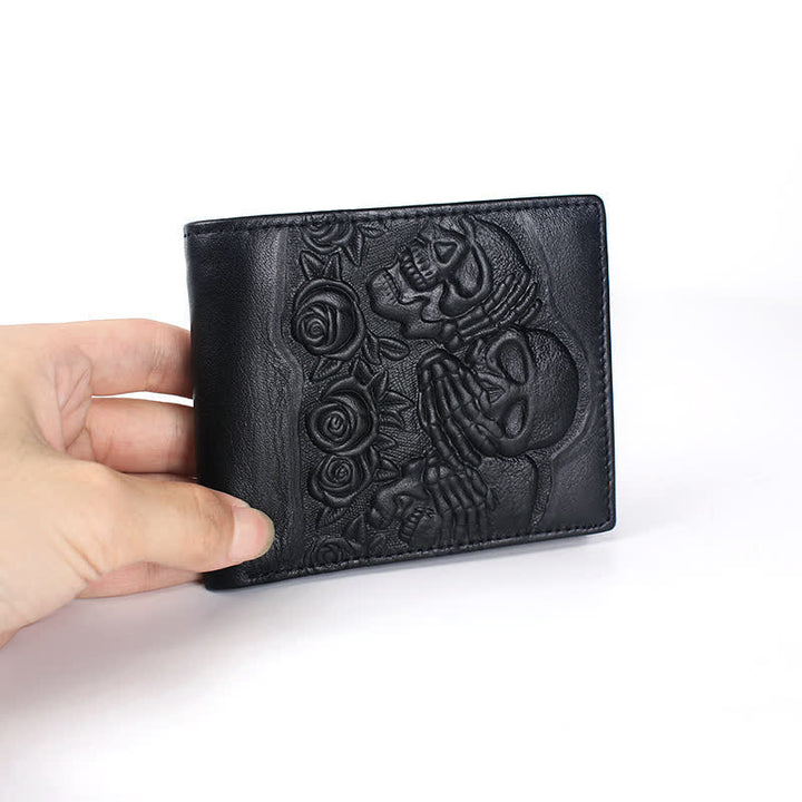 Portefeuille en cuir à motif punk rock noir, rose et tête de mort