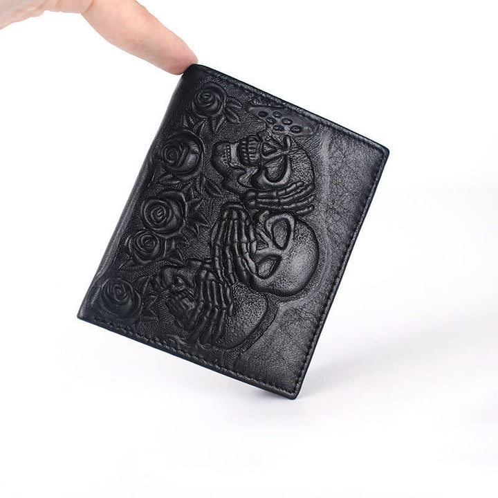 Portefeuille en cuir à motif punk rock noir, rose et tête de mort