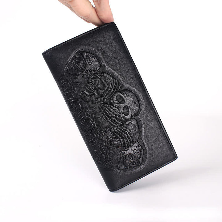 Portefeuille en cuir à motif punk rock noir, rose et tête de mort