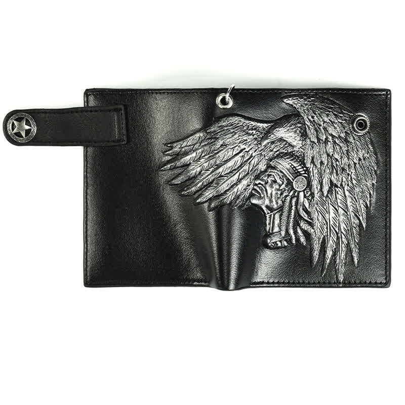 Portefeuille en cuir à motif indien avec boucle étoile à cinq branches et chaîne gothique