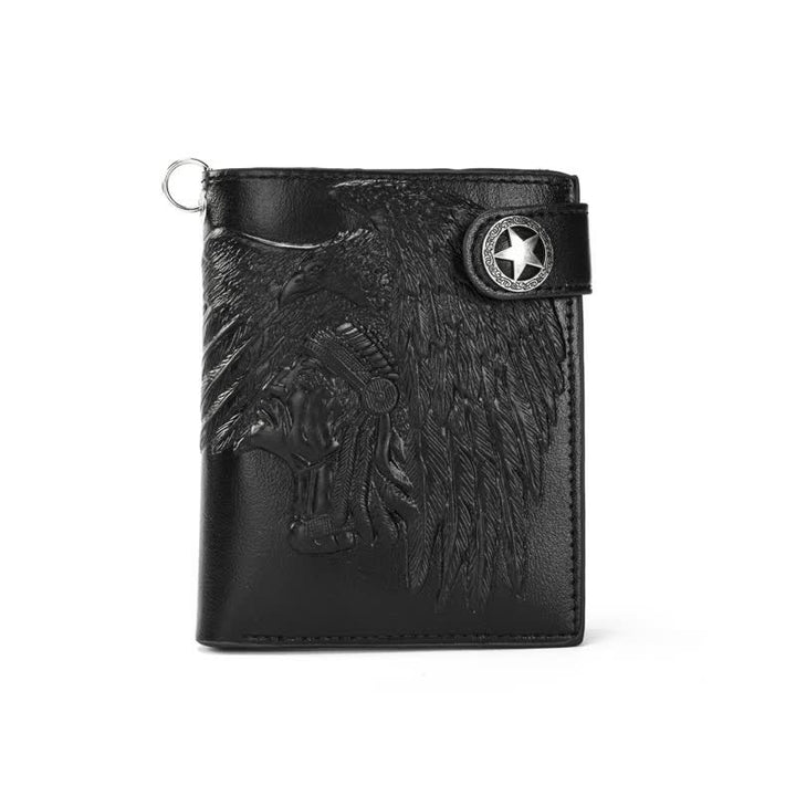 Portefeuille en cuir à motif indien avec boucle étoile à cinq branches et chaîne gothique