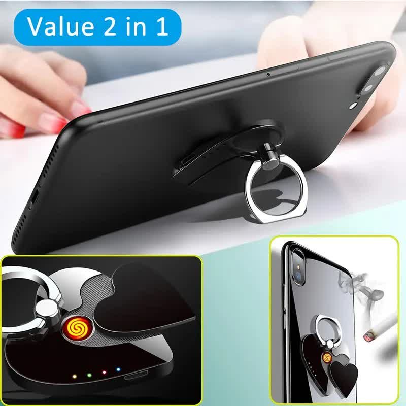 Anneau de support de téléphone en forme de cœur avec boucle et briquet électrique rechargeable