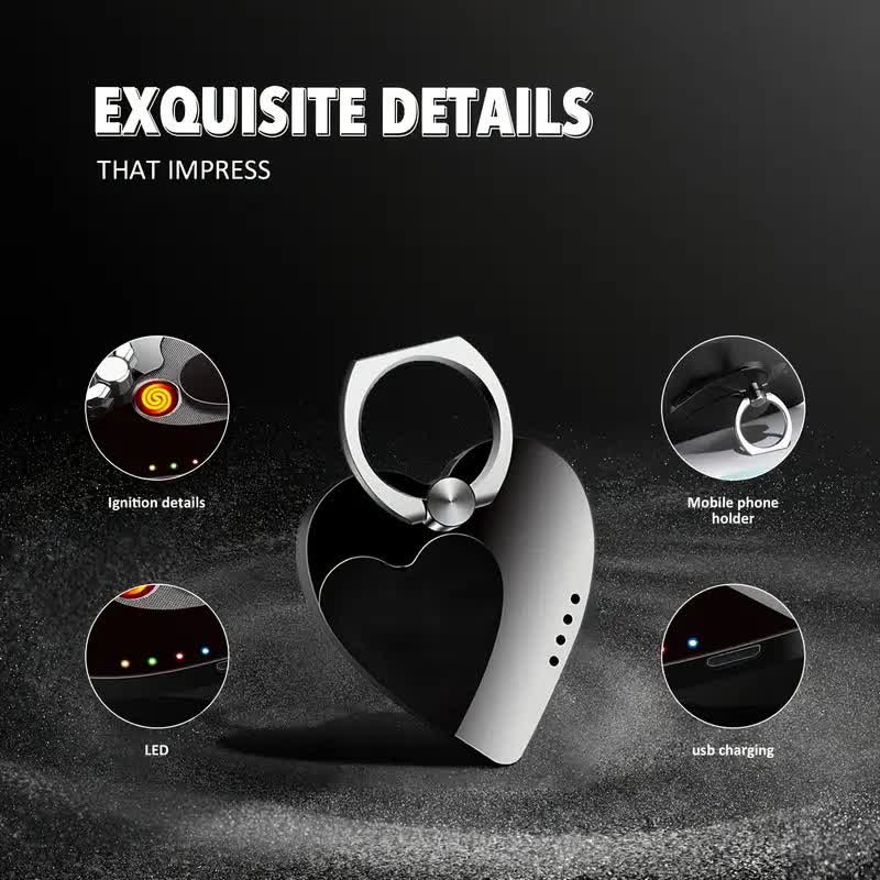 Anneau de support de téléphone en forme de cœur avec boucle et briquet électrique rechargeable