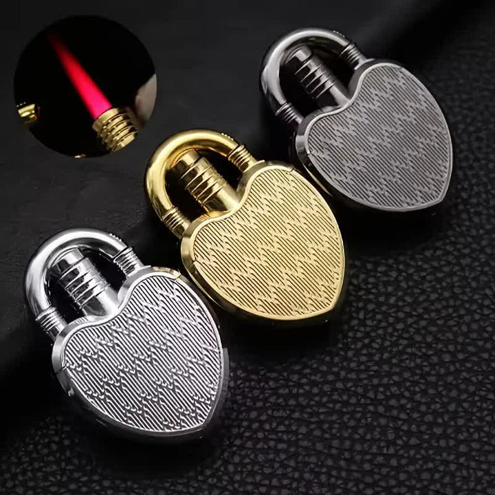 Briquet au butane rechargeable à flamme unique en forme de cœur et de serrure