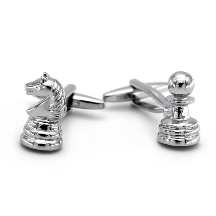 Paire de boutons de manchette argentés pour homme, motif tête de cheval et échecs - image 2