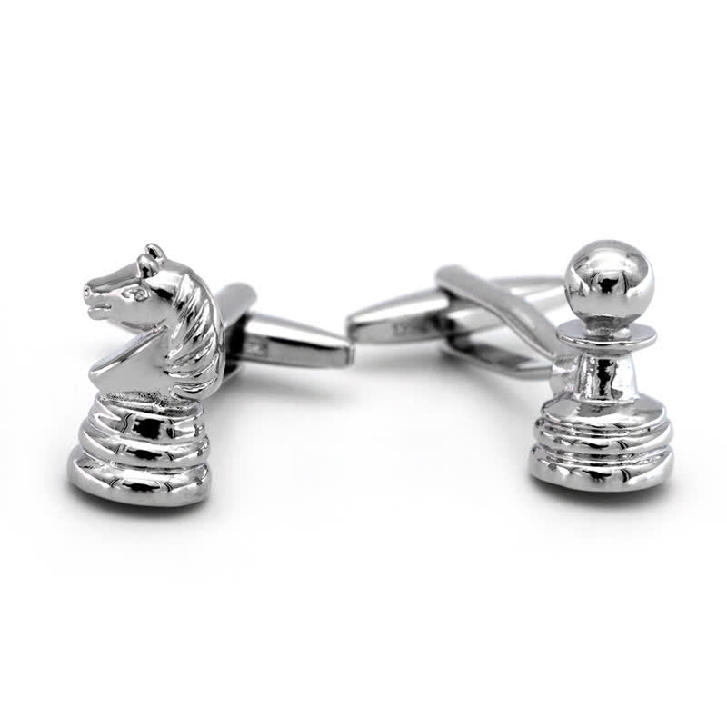 Paire de boutons de manchette argentés pour homme, motif tête de cheval et échecs