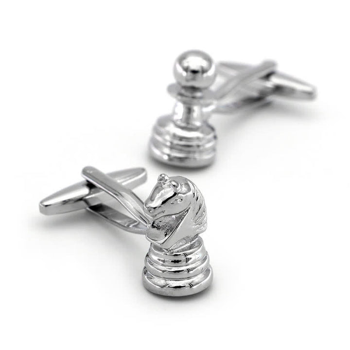 Paire de boutons de manchette argentés pour homme, motif tête de cheval et échecs