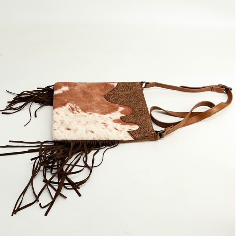Sac bandoulière bohème à franges imprimé vache pour femme