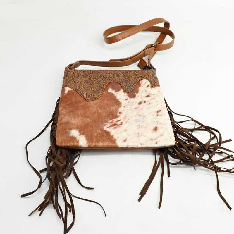 Sac bandoulière bohème à franges imprimé vache pour femme