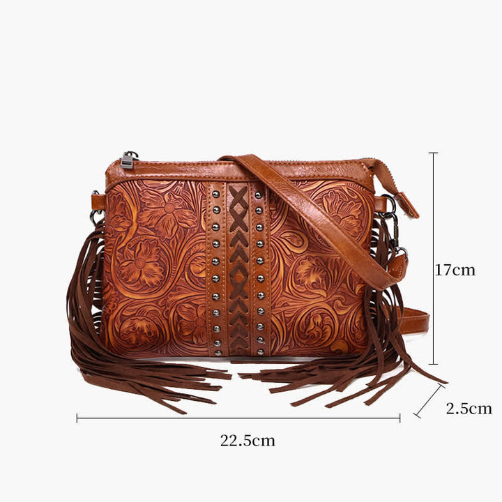Sac bandoulière à franges pour femme, motif floral bohème gravé