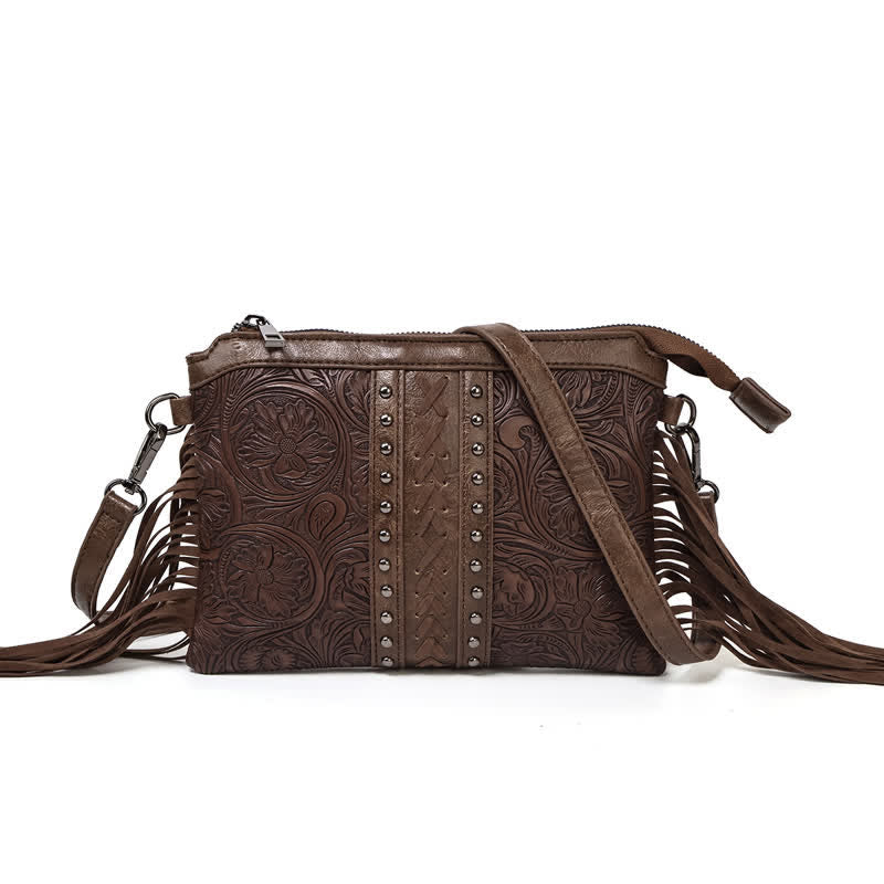 Sac bandoulière à franges pour femme, motif floral bohème gravé