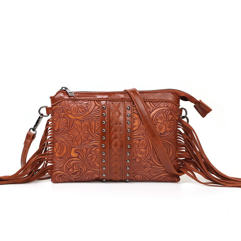 Sac bandoulière à franges pour femme, motif floral bohème gravé