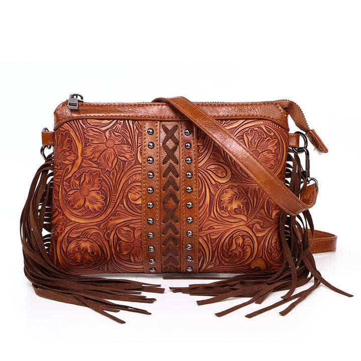 Sac bandoulière à franges pour femme, motif floral bohème gravé