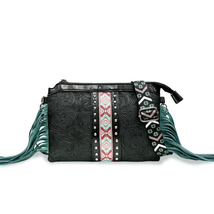 Sac bandoulière à franges pour femme, motif floral bohème gravé