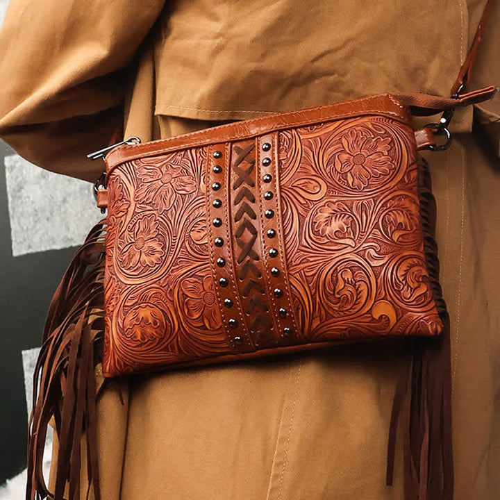 Sac bandoulière à franges pour femme, motif floral bohème gravé