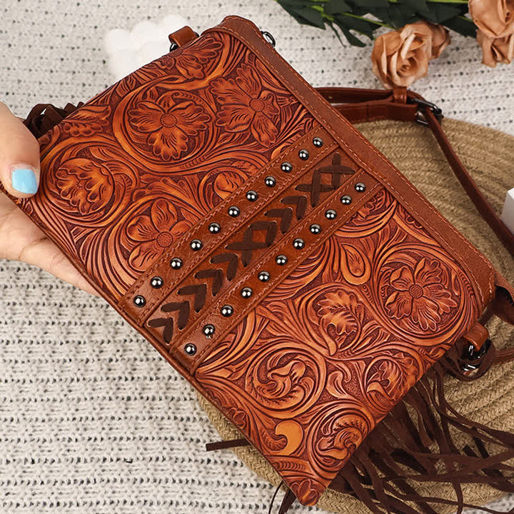 Sac bandoulière à franges pour femme, motif floral bohème gravé