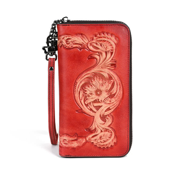 Portefeuille long en cuir à motif floral élégant pour femme avec dragonne