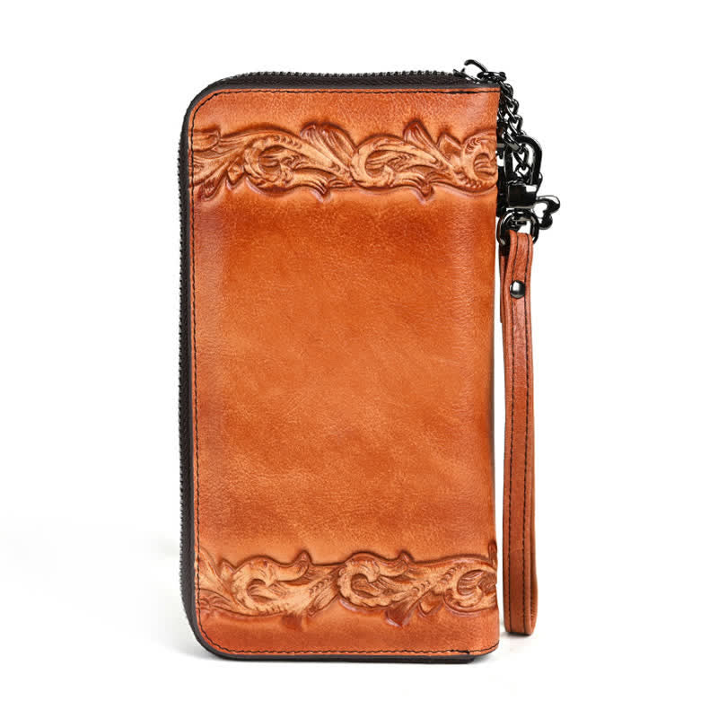 Portefeuille long en cuir à motif floral élégant pour femme avec dragonne