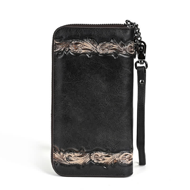 Portefeuille long en cuir à motif floral élégant pour femme avec dragonne