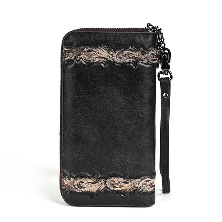 Portefeuille long en cuir à motif floral élégant pour femme avec dragonne