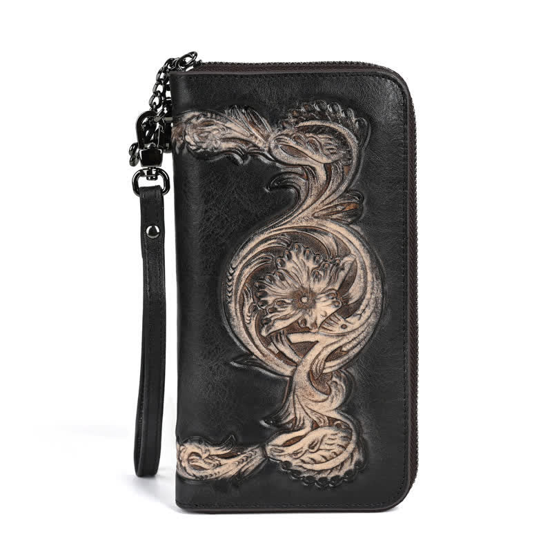 Portefeuille long en cuir à motif floral élégant pour femme avec dragonne