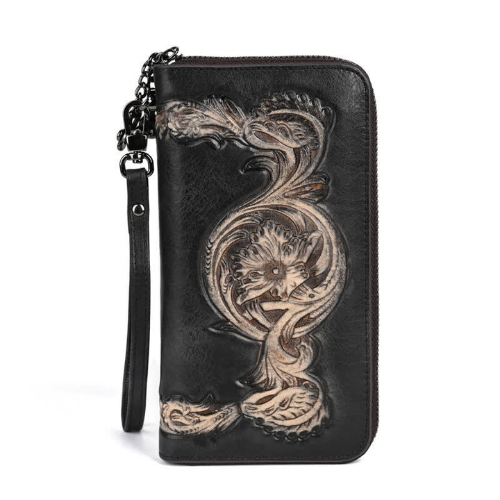 Portefeuille long en cuir à motif floral élégant pour femme avec dragonne