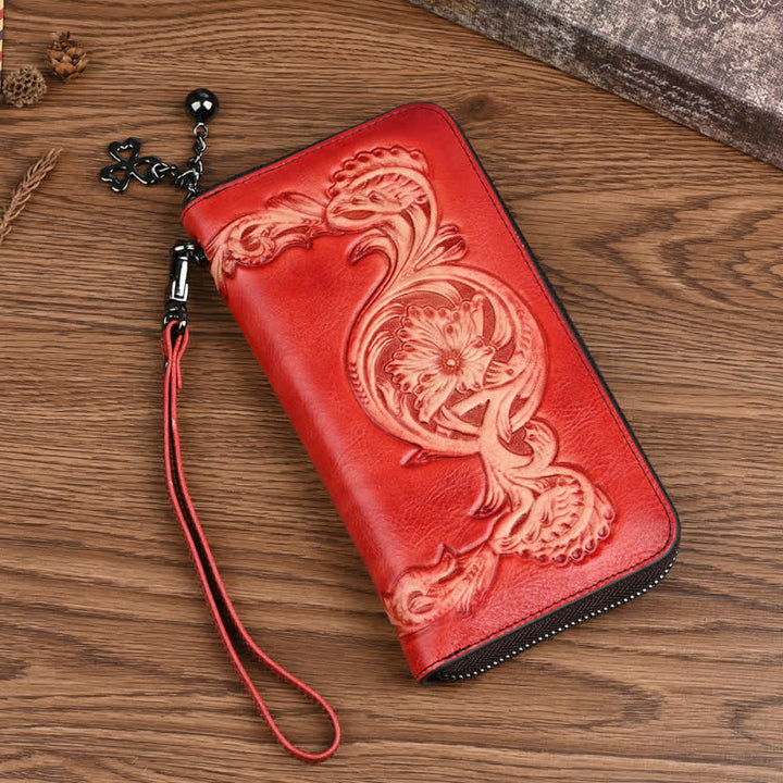 Portefeuille long en cuir à motif floral élégant pour femme avec dragonne