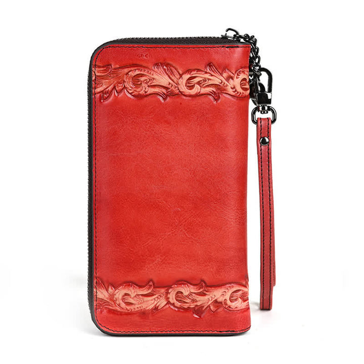 Portefeuille long en cuir à motif floral élégant pour femme avec dragonne