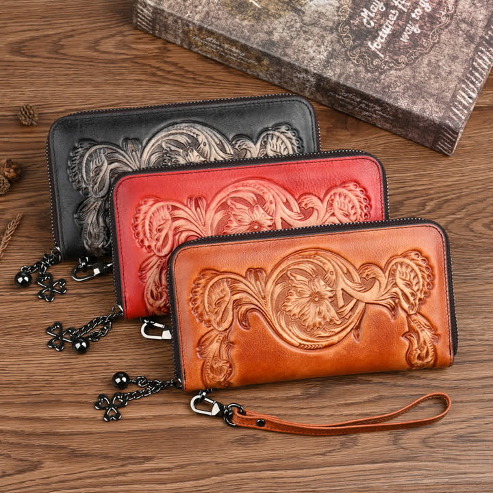 Portefeuille long en cuir à motif floral élégant pour femme avec dragonne
