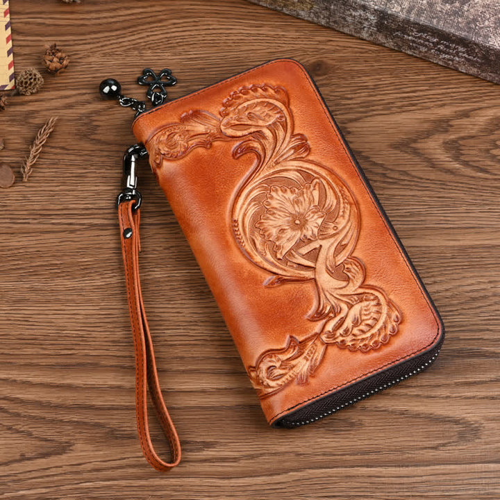 Portefeuille long en cuir à motif floral élégant pour femme avec dragonne