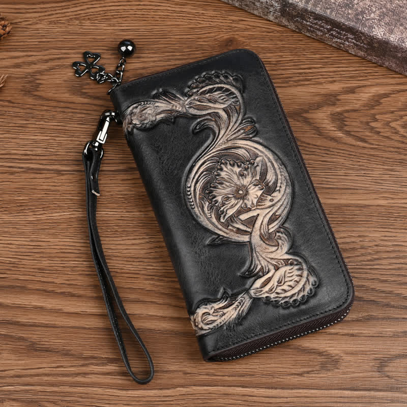 Portefeuille long en cuir à motif floral élégant pour femme avec dragonne