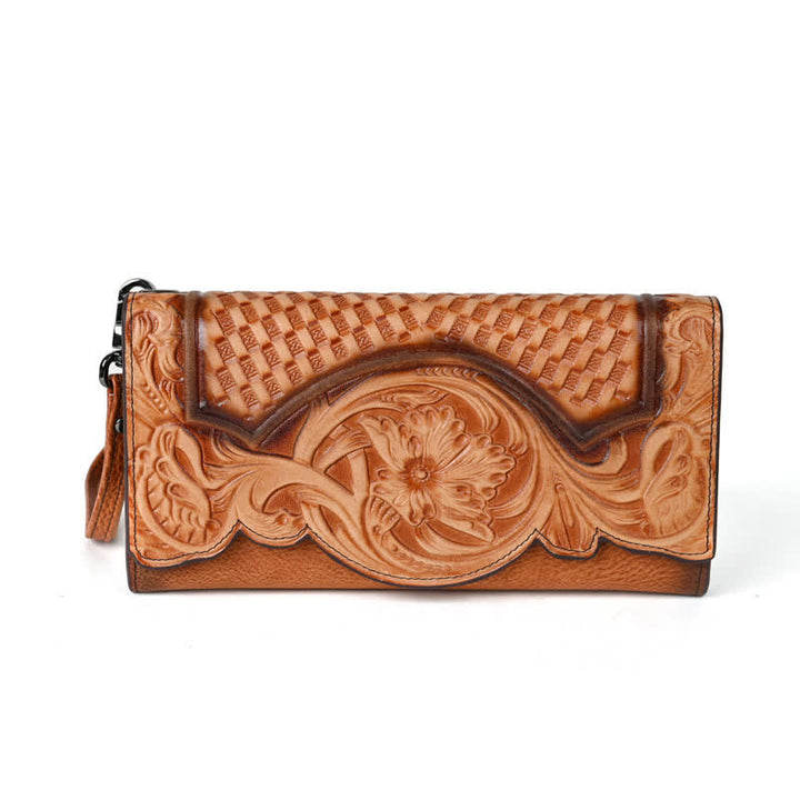 Portefeuille long en cuir à trois volets pour femme, motif floral, avec dragonne