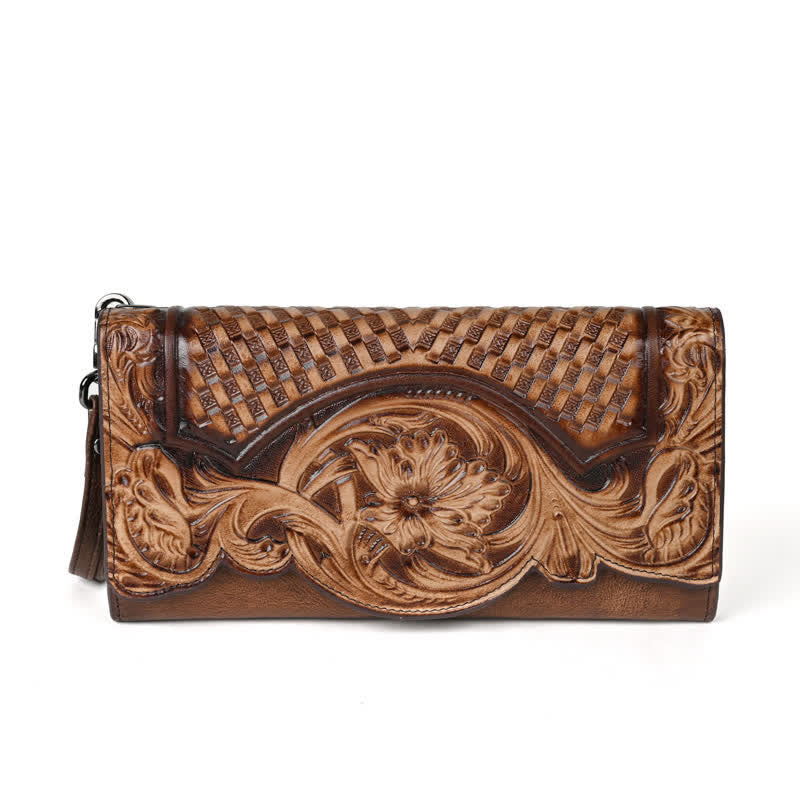 Portefeuille long en cuir à trois volets pour femme, motif floral, avec dragonne