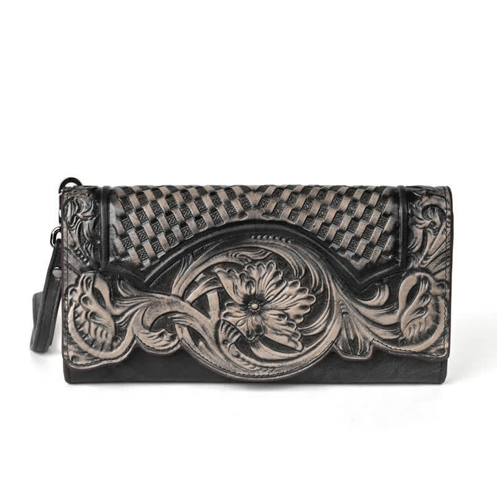 Portefeuille long en cuir à trois volets pour femme, motif floral, avec dragonne