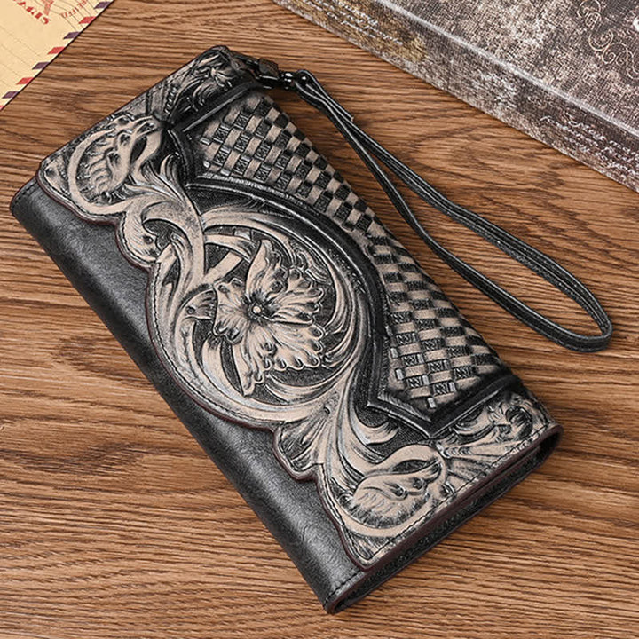 Portefeuille long en cuir à trois volets pour femme, motif floral, avec dragonne