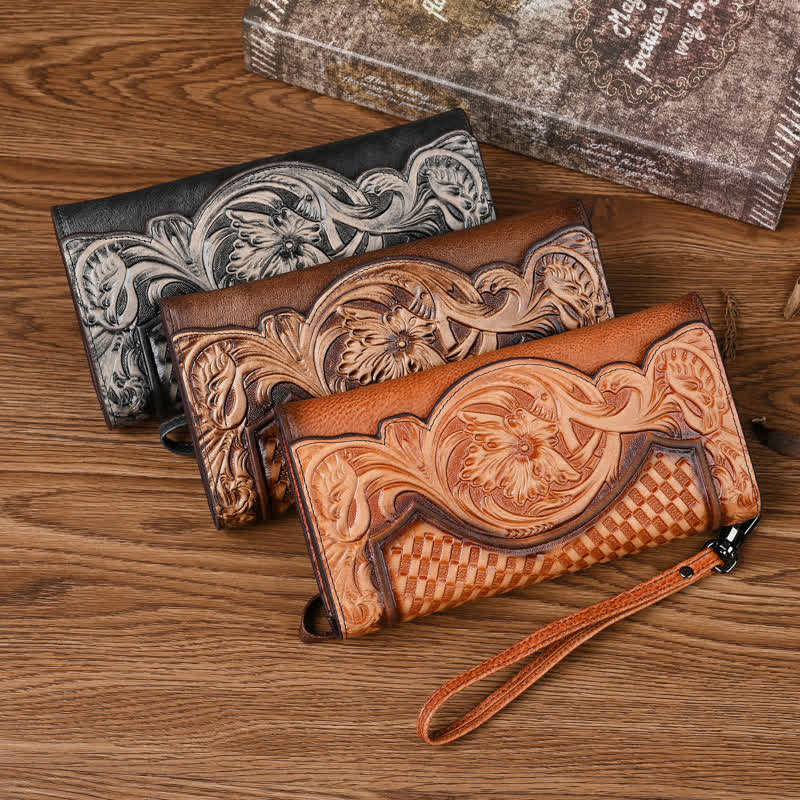 Portefeuille long en cuir à trois volets pour femme, motif floral, avec dragonne