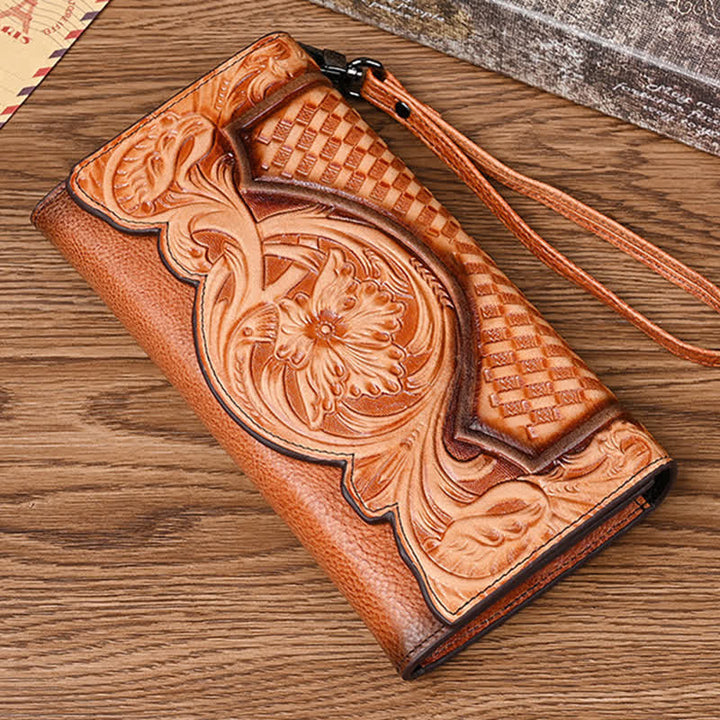 Portefeuille long en cuir à trois volets pour femme, motif floral, avec dragonne