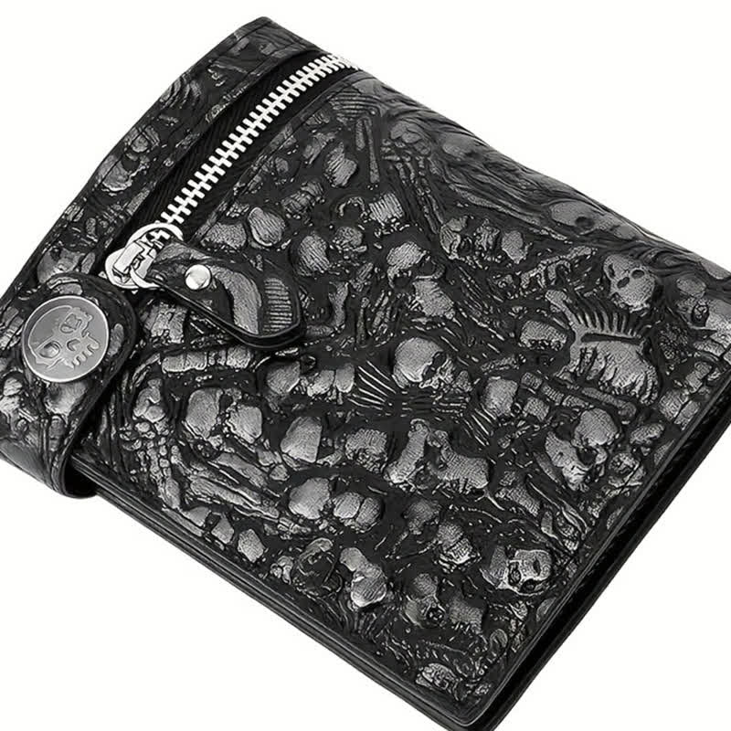 Portefeuille en cuir noir gothique avec tête de mort et chaîne