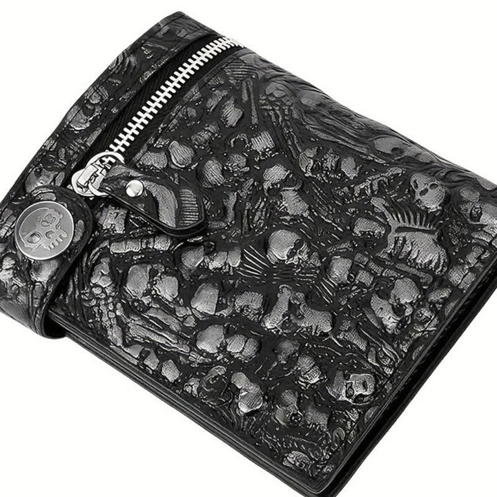 Portefeuille en cuir noir gothique avec tête de mort et chaîne