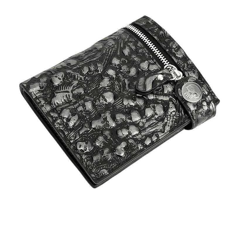 Portefeuille en cuir noir gothique avec tête de mort et chaîne