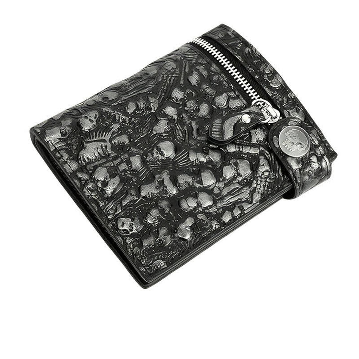Portefeuille en cuir noir gothique avec tête de mort et chaîne