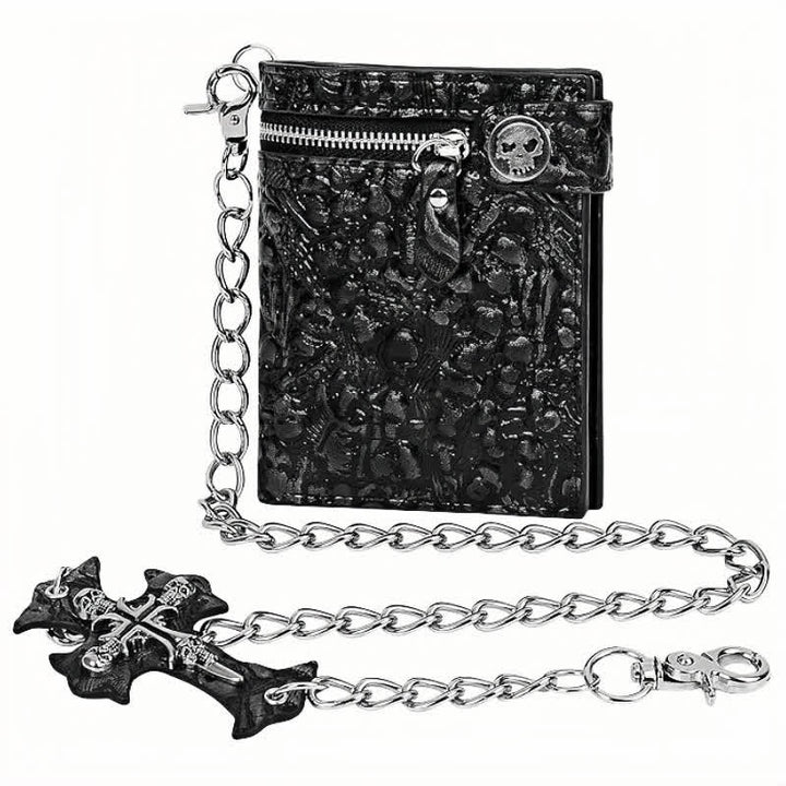 Portefeuille en cuir noir gothique avec tête de mort et chaîne