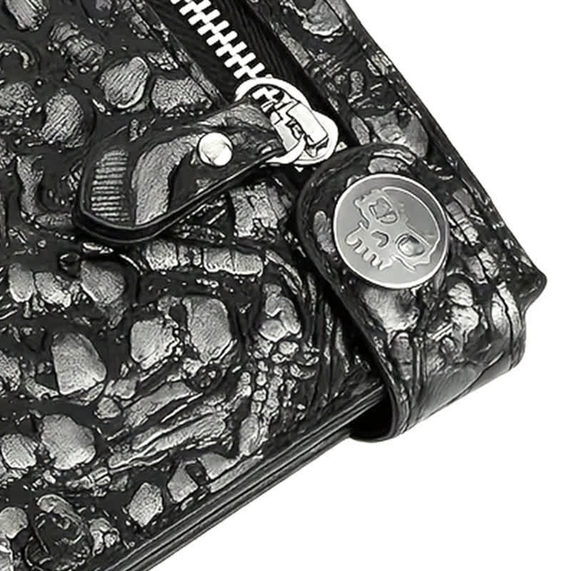 Portefeuille en cuir noir gothique avec tête de mort et chaîne