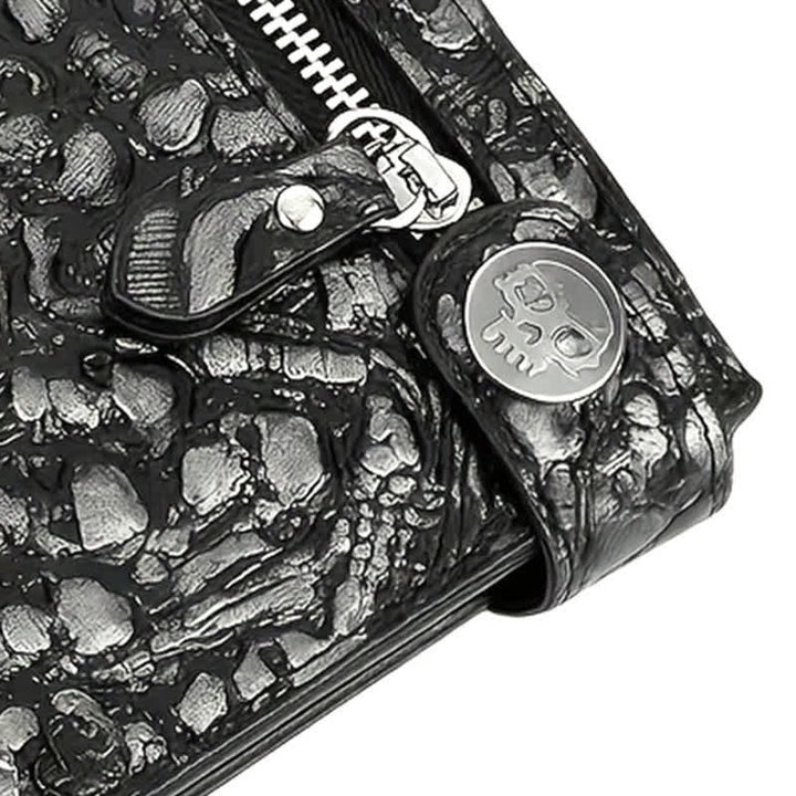 Portefeuille en cuir noir gothique avec tête de mort et chaîne