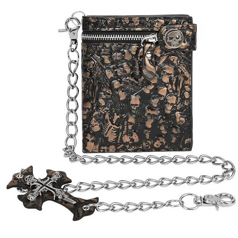 Portefeuille en cuir noir gothique avec tête de mort et chaîne