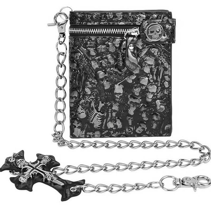 Portefeuille en cuir noir gothique avec tête de mort et chaîne